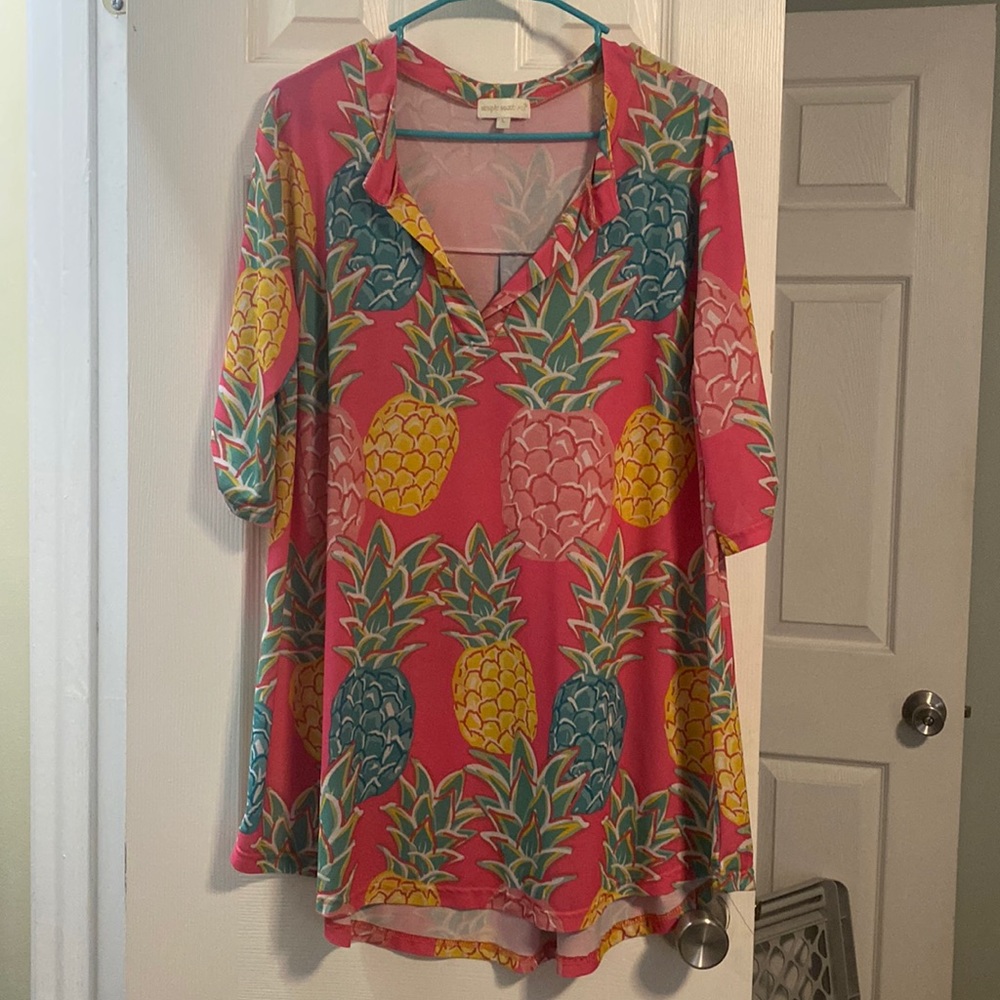 Simply Southern Pink Pineapple Print Tunic Top with Yellow & Teal Accents